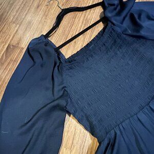 Gap XL, navy satin, square neck smocked top, 3/4 sleeved, midi dress